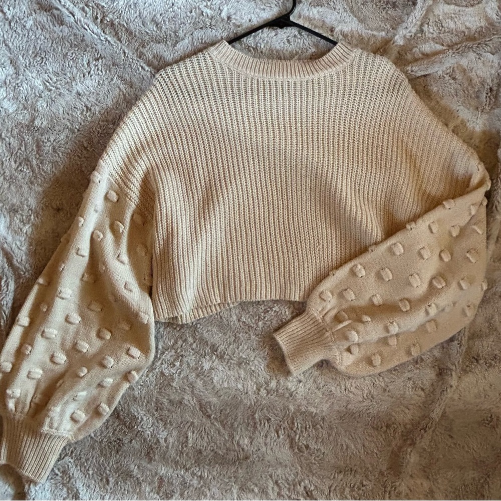 Cream Cropped Sweater with Textured Sleeves